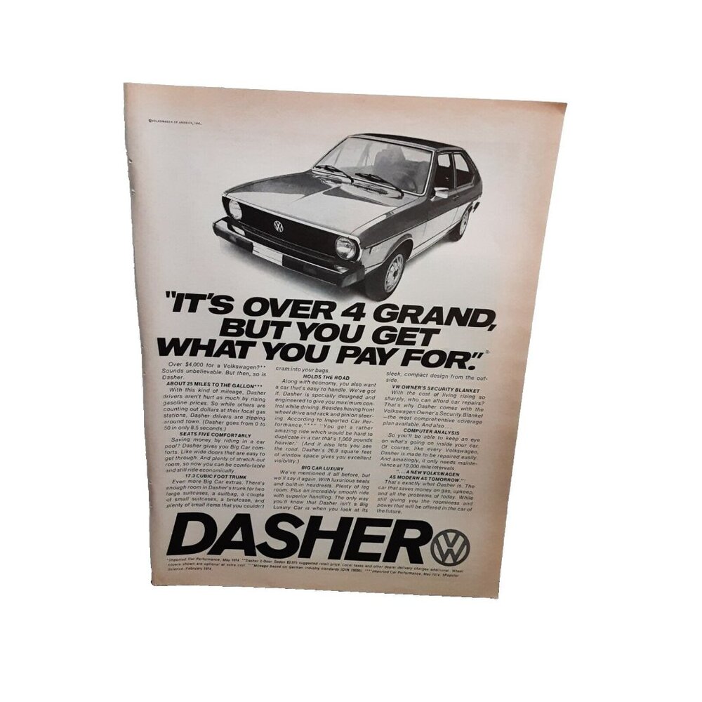 1974 Volkswagen Dasher Car vw Print Ad vintage 70s